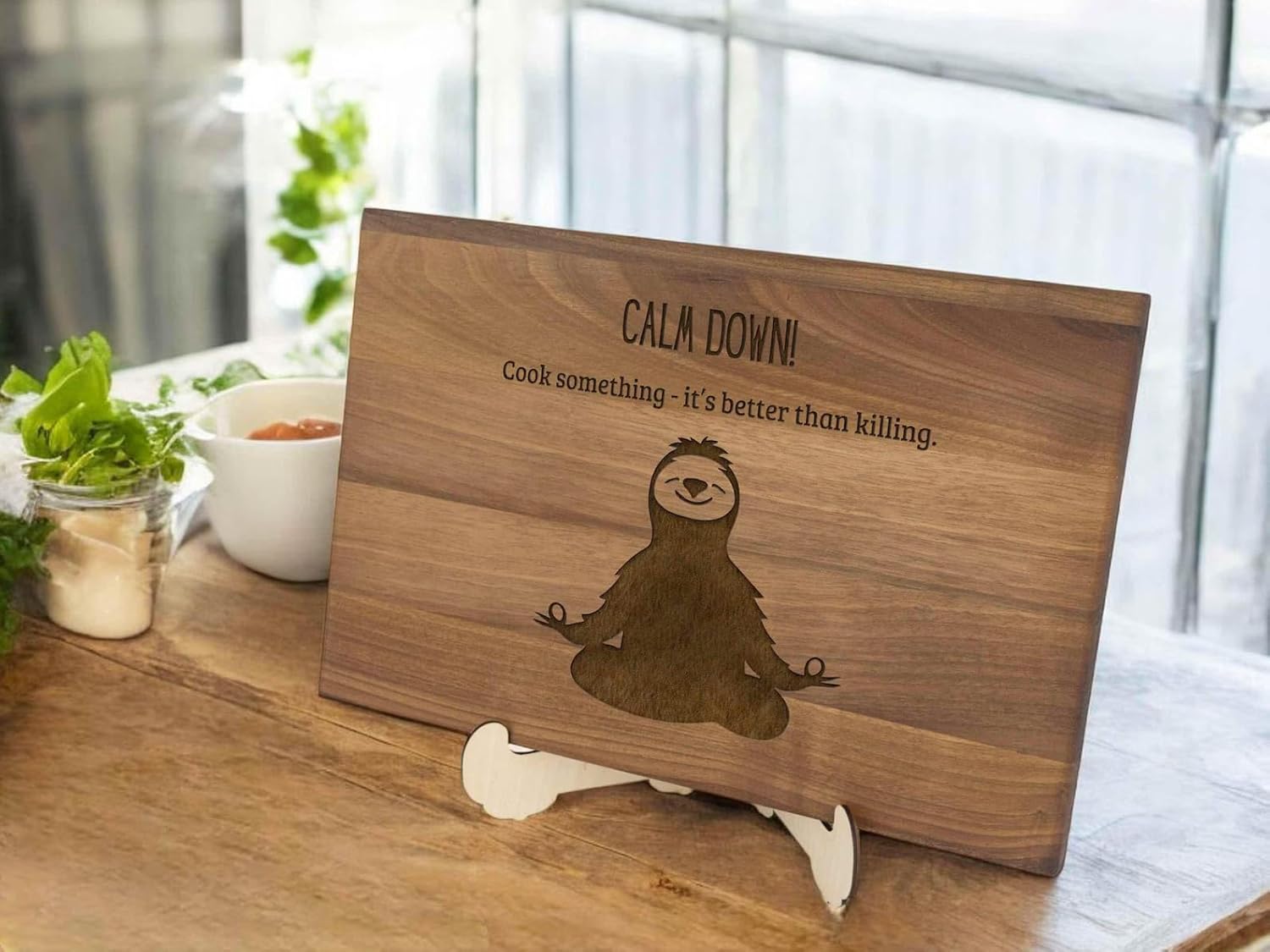 Funny Personalized Wooden Cutting Board Holiday Gift With Engraved Sloth Design Calm Down Cooking Theme Christmas Kitchen Decor Perfect For Cooks Home Chefs Or Holiday Entertaining