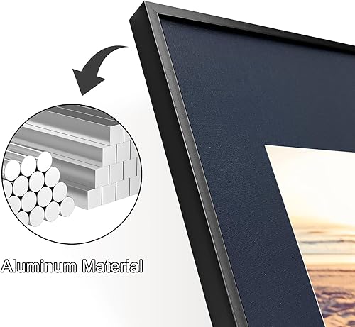 Miniatura 4 de Marco a presión de 11 x 14 pulgadas con paspartú azul oscuro para foto de 6 x 8 pulgadas, marco de póster negro, marco de aluminio de pared para