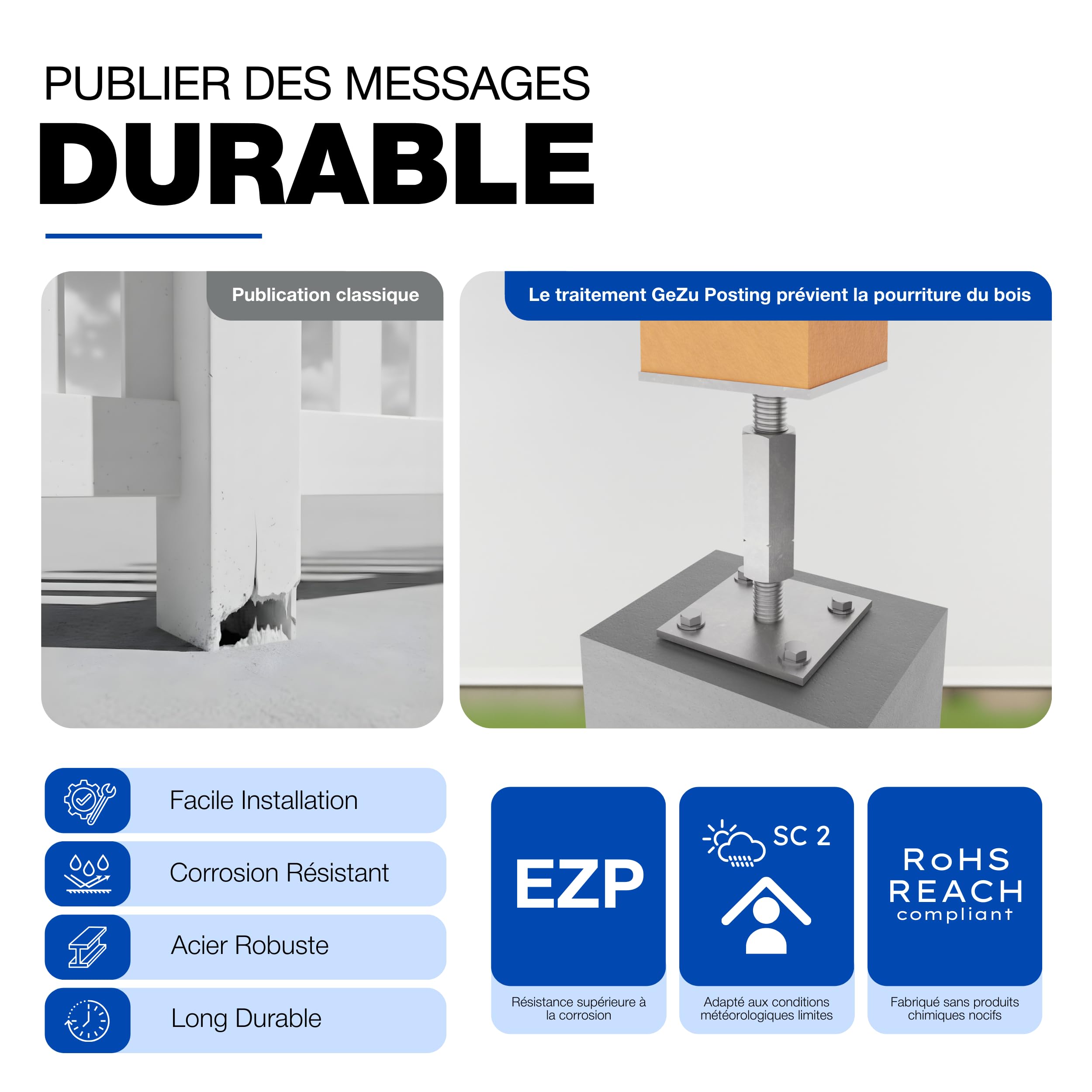GeZu Impex Support de poteau Galvanoplastie Lot de 8 100 x 100 mm hauteur reglable platine bois pied poteaux clôture