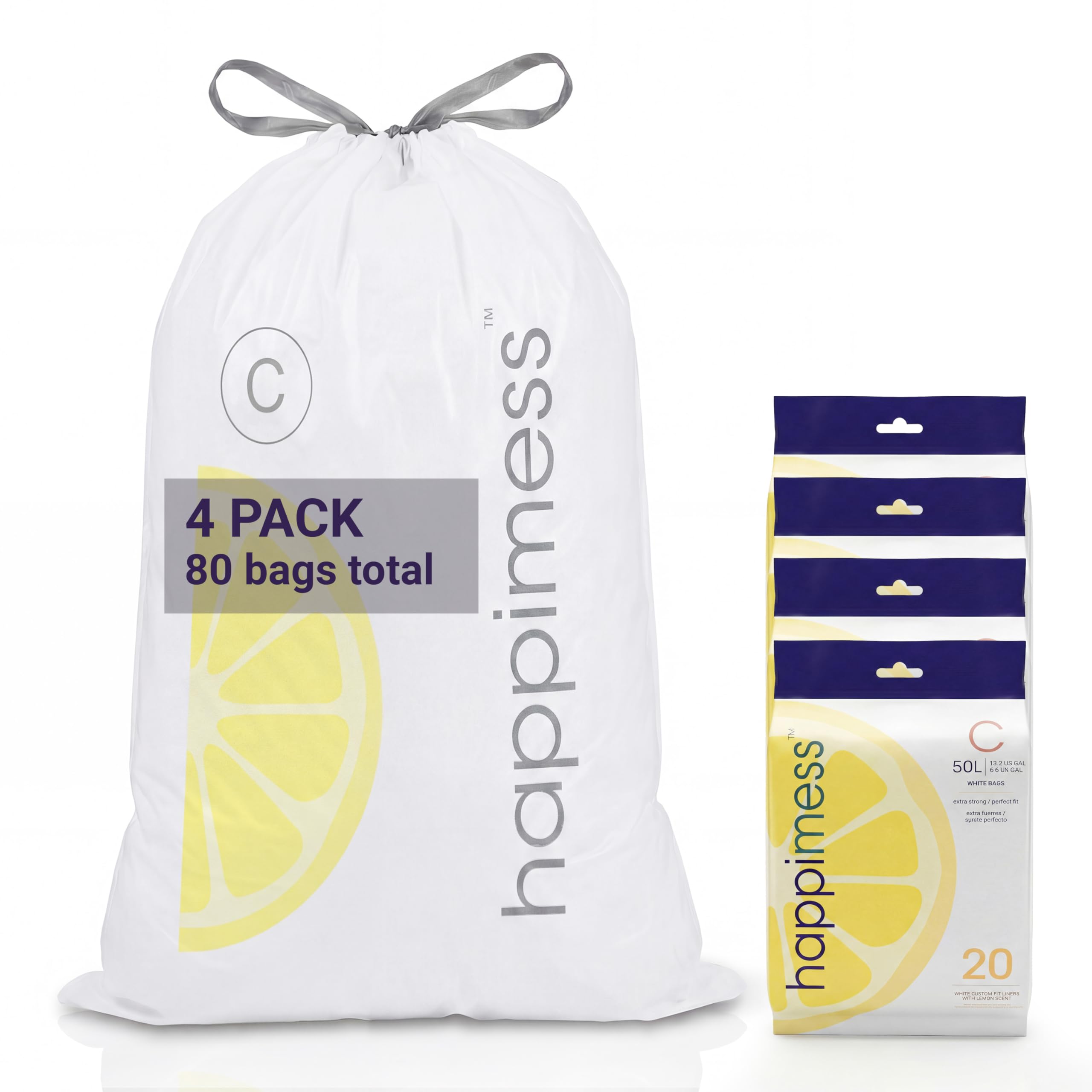 happimess Bolsas de basura con cordón de 13.2 galones, aroma a limón, blancas, forros de MDPE resistentes para cocina y hogar, control de olores, ajuste personalizado, 80 unidades (4 paquetes de 20
