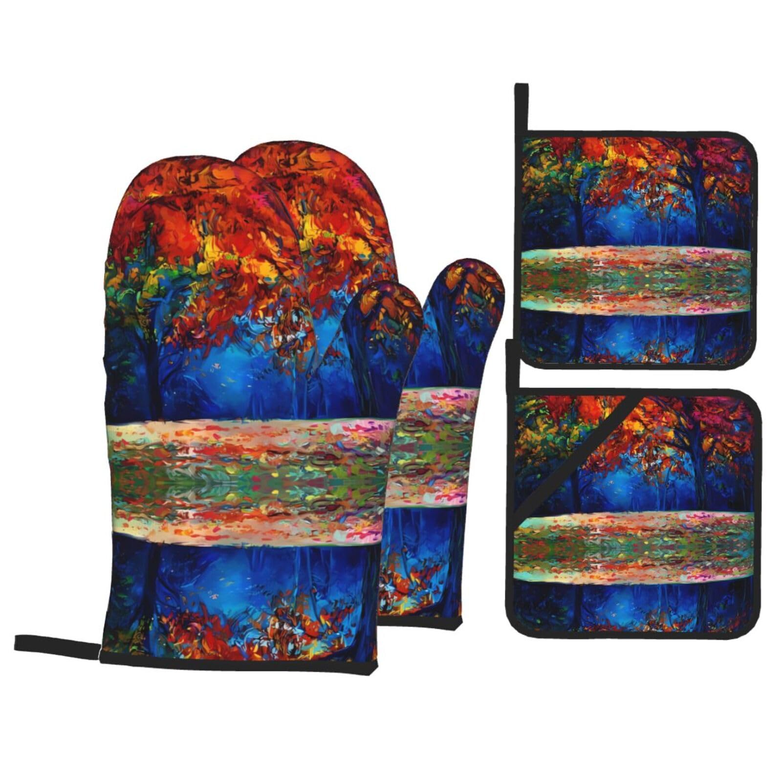 HJFCZH Abstract Colorful Trees Prints Kitchen Throw Set: Durable Oven Layers with Waterproof Polyester – 4 Piece Heat Protection System