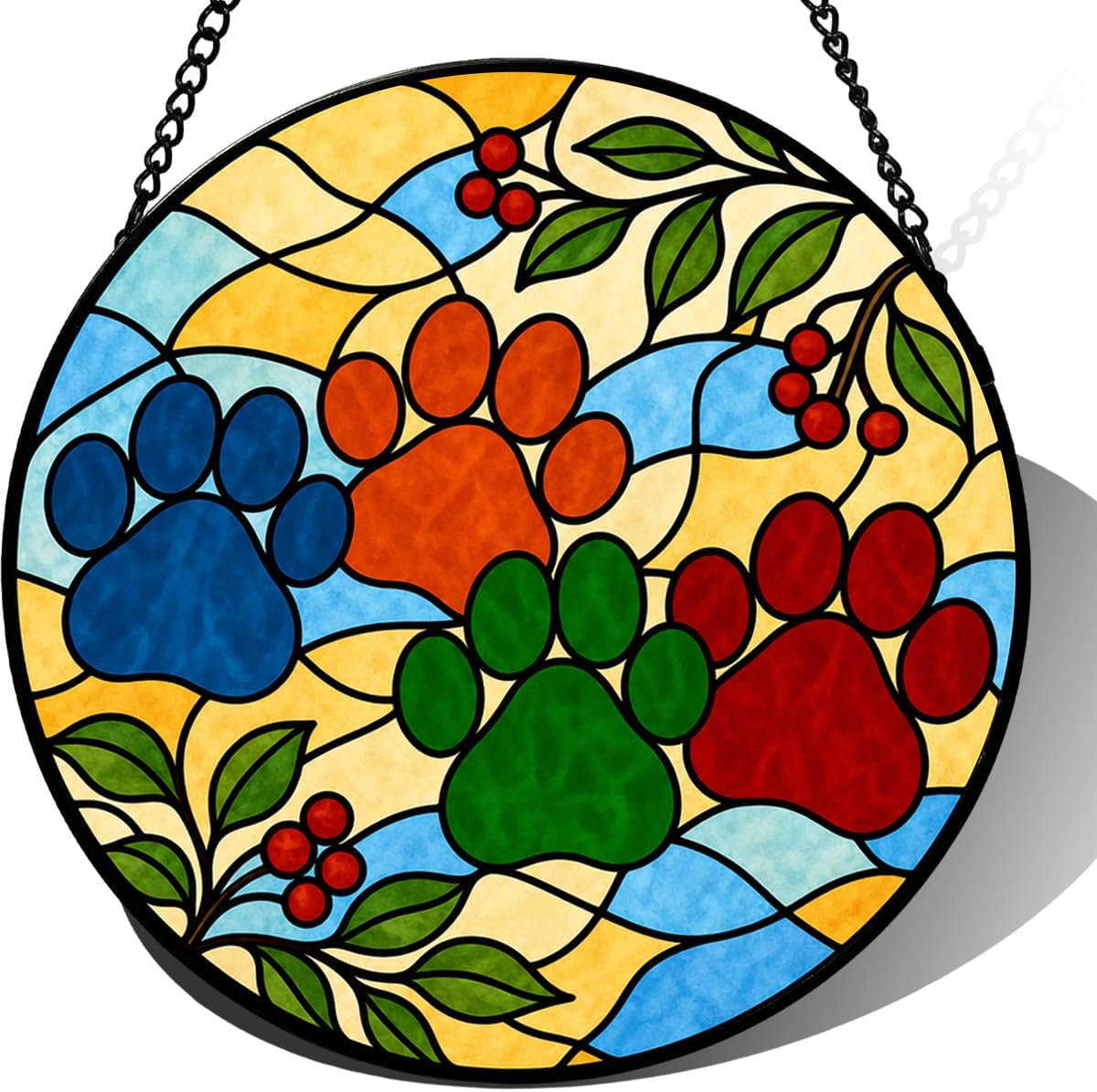 Colorful Paw Print Stained Glass Suncatcher Memorial Window Hanging Unique Pet Loss Gift for Dog Cat Lovers Vibrant Home Decor Birthday Gift for Her and Him 7.9"