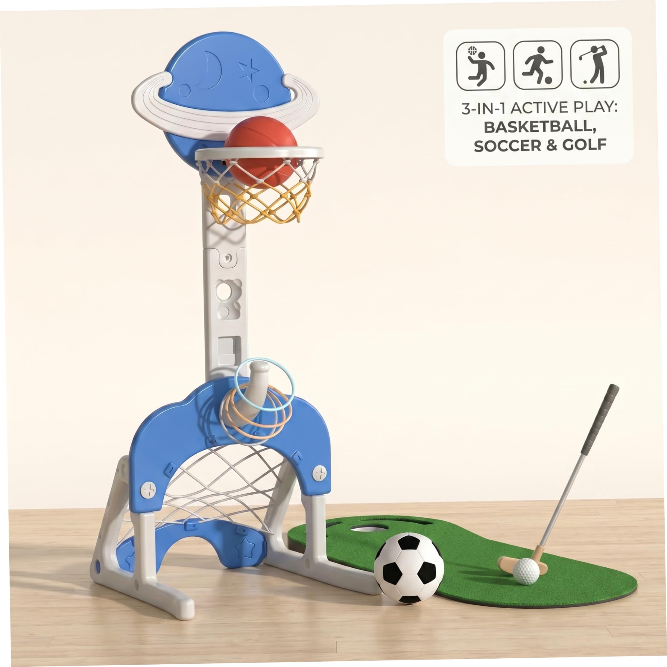 Canestro da Basket per Bambini e Supporto, Canestro da Basket per Bambini 3 in 1 con Calcio e Lancio dell'Anello Giocattolo Sportivo Divertente Regolabile in Altezza per Interni ed Esterni
