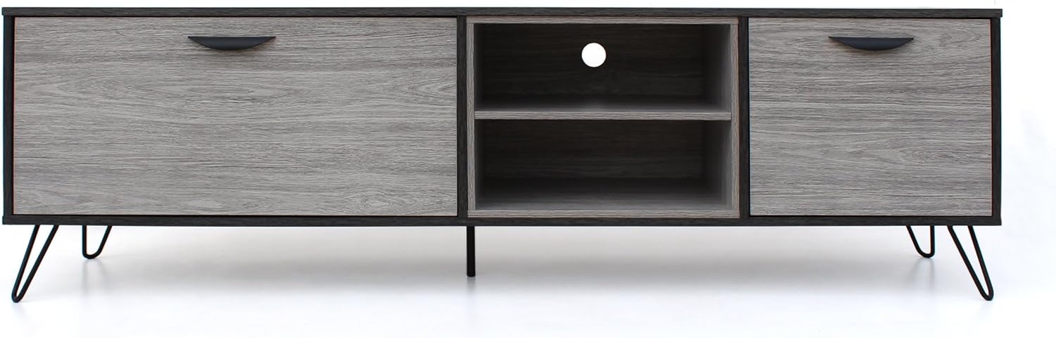 Front view of the UJoylify Multifunctional TV Stand, showcasing its grey wood-look finish, black frame, and hairpin legs.