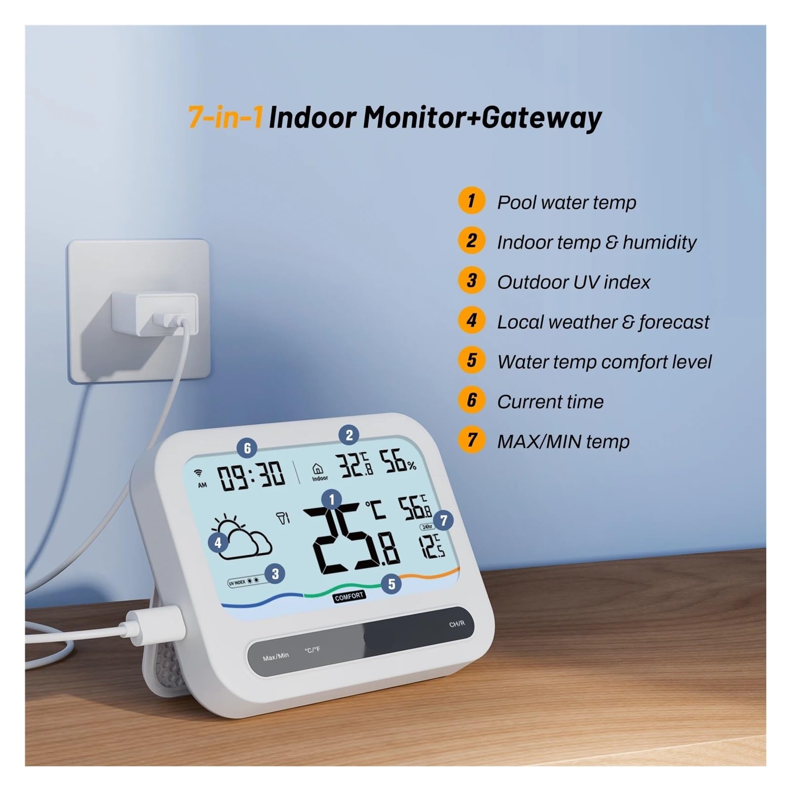 Drahtloses Poolthermometer-Set, solarbetriebenes Poolthermometer for den Außenbereich und Temperatur-/Feuchtigkeitsmonitor for den Innenbereich mit Wetterinformationen