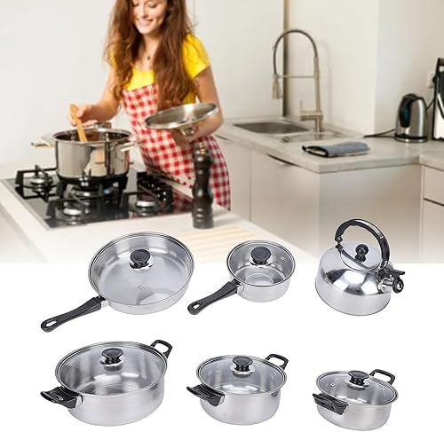 Miniatura 5 de Yosoo Juego de cocina de acero inoxidable, ollas y sartenes con tapas de vidrio para hervidor de té y guisado