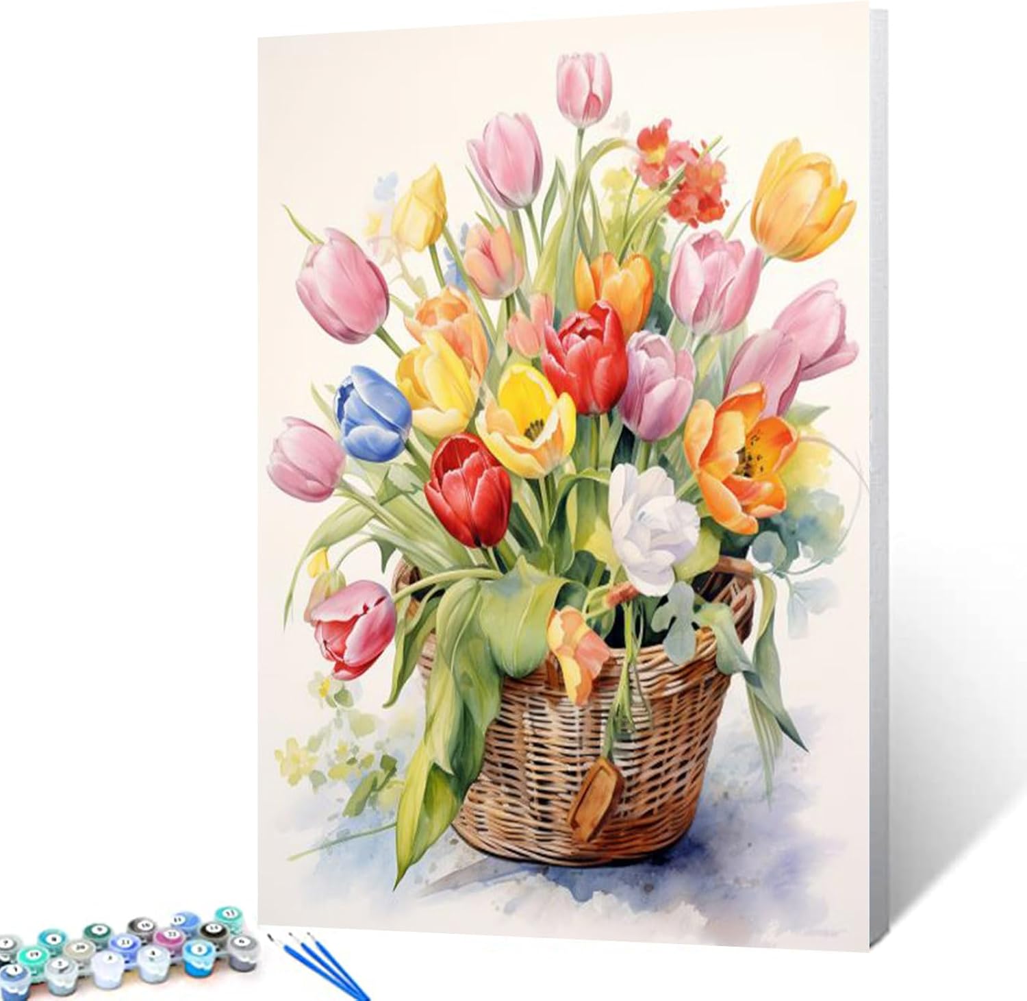 Basket Filled with Colorful Tulips Paint by Number Watercolor Style Flowers DIY Painting on Canvas with Brushes Acrylic Paints Paint by Numbers for Adults and Kids Beginner 16x20 Inch（DIY Frame）