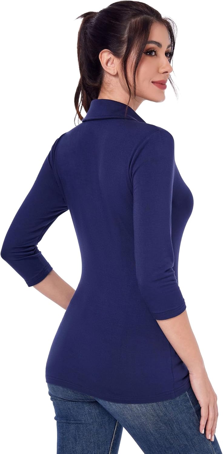 AmélieBoutik Women Collared V Neck 3/4 Sleeve Polo Shirt - Image 4