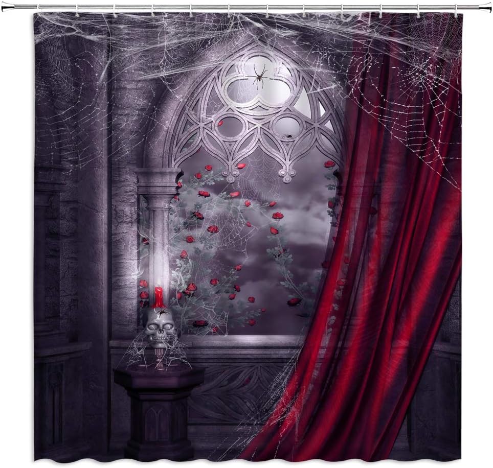 Gothic Shower Curtain Vintage Castle Rose Flower Spider Web Skull Skeleton Horror Halloween Retro Window Bathroom Decor Fabric Curtain with Hooks