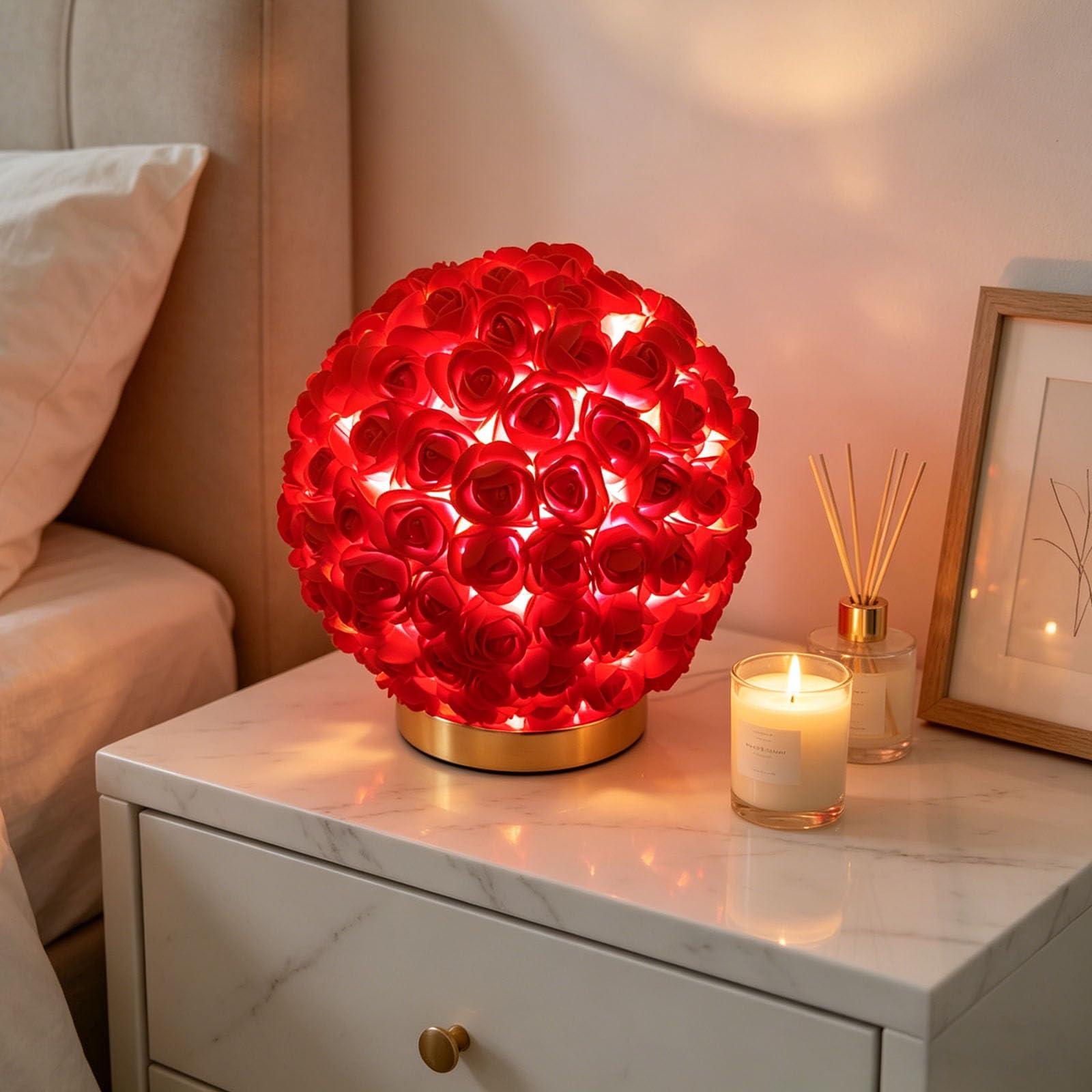 Lámpara de bola de flores de rosa de tela roja romántica USB decorativa luz nocturna para Navidad, decoración de boda, propuesta, decoración de postres, tienda de belleza, centro de belleza