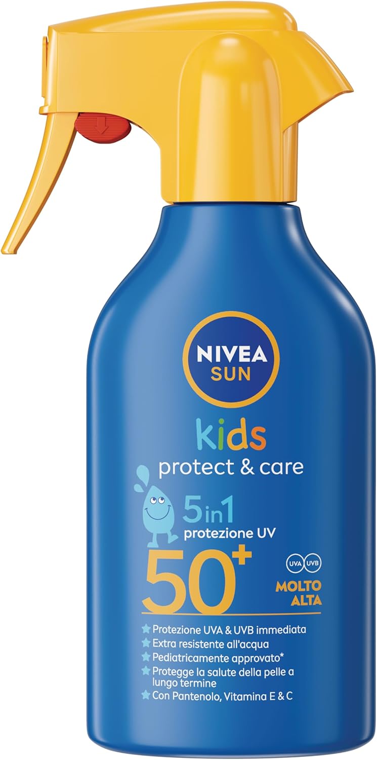 NIVEA SUN Kids Spray Protect & Care SPF 50+ 250 ml, Crema solare 50 bambini 3+ anni, Protezione solare 50 bambini spray extra resistente all'acqua e al sudore