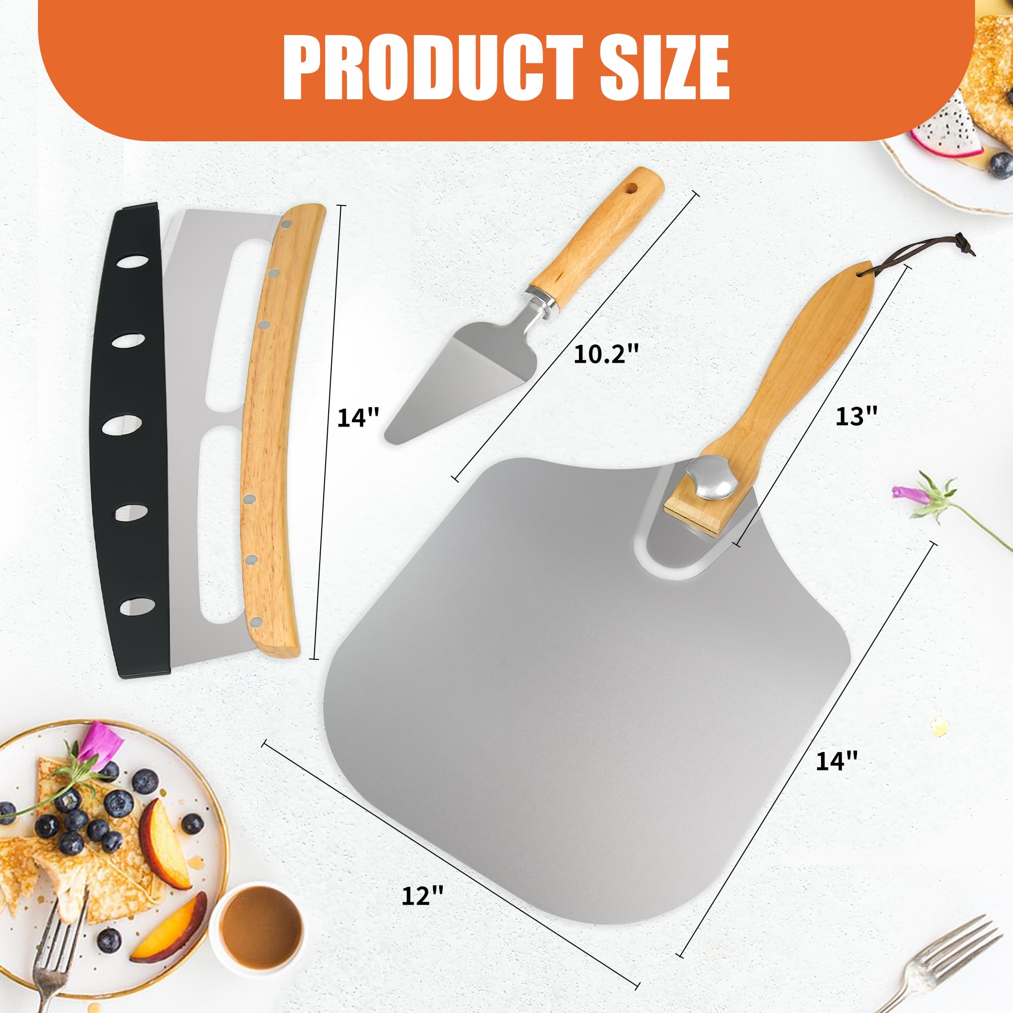 Rixordd 12x14 Inch Aluminum Pizza Peel with Foldable Wooden Handle - 3-in-1 Metal Pizza Paddle, Stainless Steel Rocker Cutter & Server, Pizza Oven Tools for Baking Homemade Bread