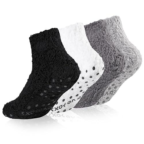 Revosoxs Fuzzy Grip Socks for Women Men,Thick Warm Slipper Cozy Fluffy Non Slip Ankle Valentines Fuzzy socks With Grips. - Black/White/Grey/Light Grey