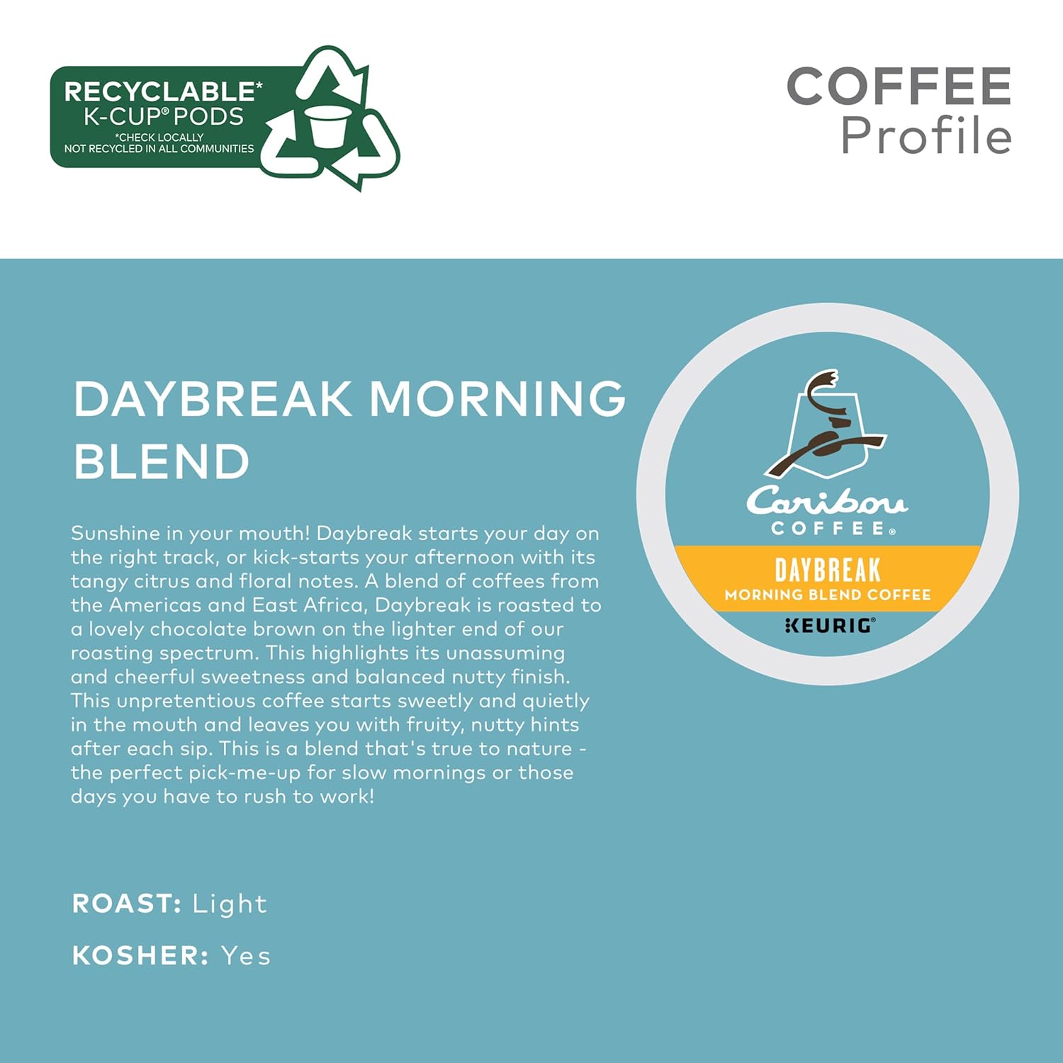 Caribou, Daybreak Morning Blend, Single-Serve Keurig K-Cup Pods, Light Roast Coffee, 96 Count (4 Boxes of 24 Pods)