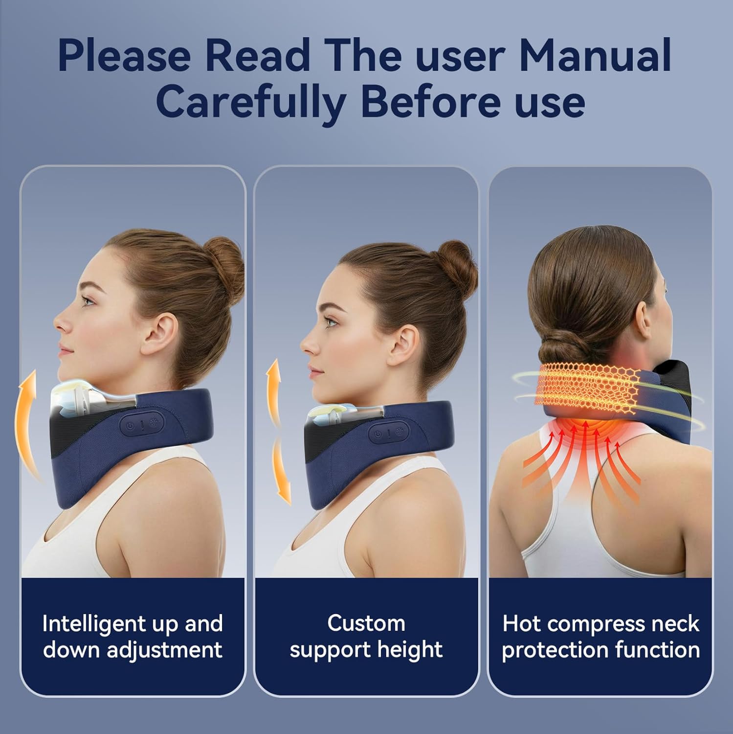 Yunari Cordless Neck Brace for Cervical Spine Posture Correction and Support, Patented Traction Device with Intelligent Adjust and Hot Compress, Neck Brace for Men and Women, （Navy Blue, Medium）