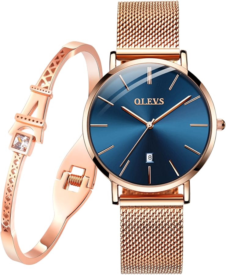 Amazon.com: OLEVS Ultra Thin Minimalist Watches for Women and Bracelet Set  Slim Casual Dress Navy Blue Dial Ladies Wrist Watch Waterproof with Mesh  Band Rose Gold : Clothing, Shoes & Jewelry
