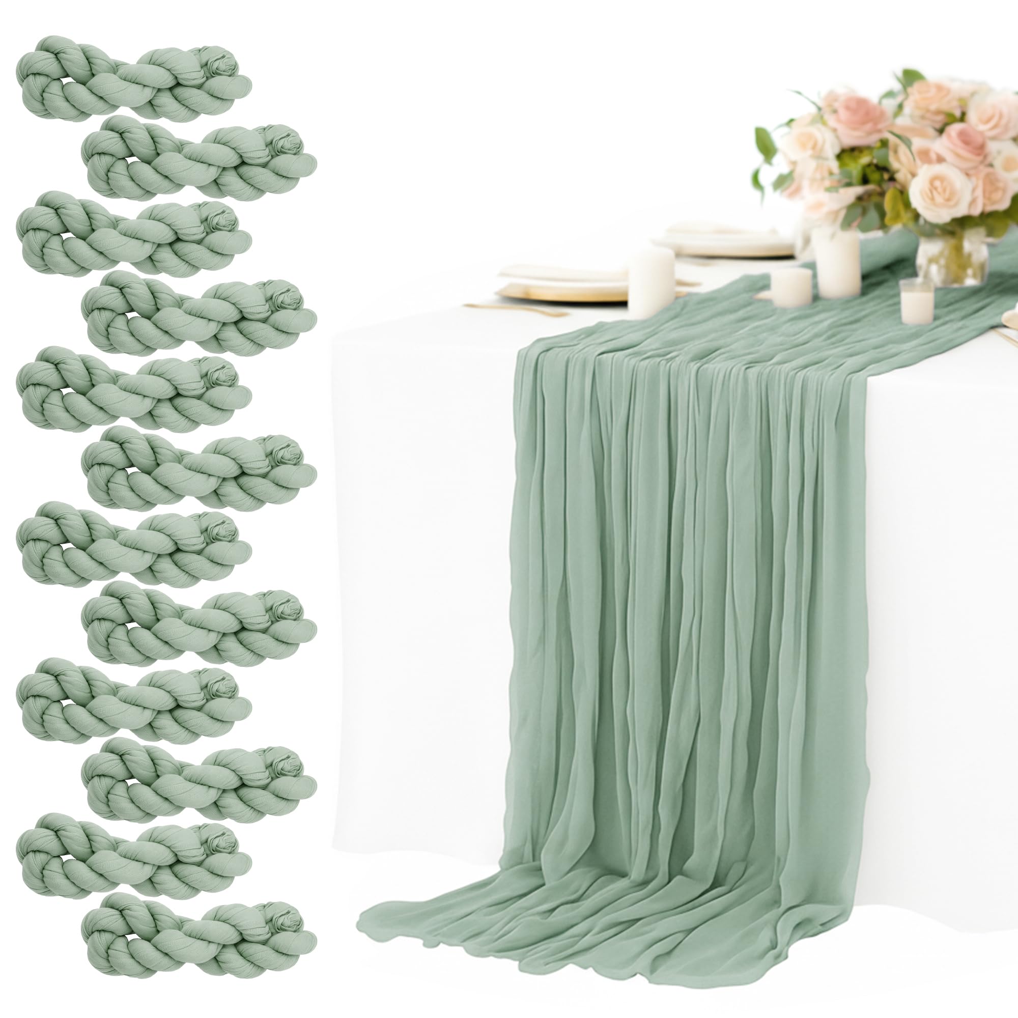 Photo 1 of 12 Pack Sage Green Cheesecloth Table Runners 10FT Long – 35 x 120 Inch Boho Gauze Table Runners for Engagement, Wedding, Baby Shower & Home Decor – Soft Wrinkled Polyester Fabric