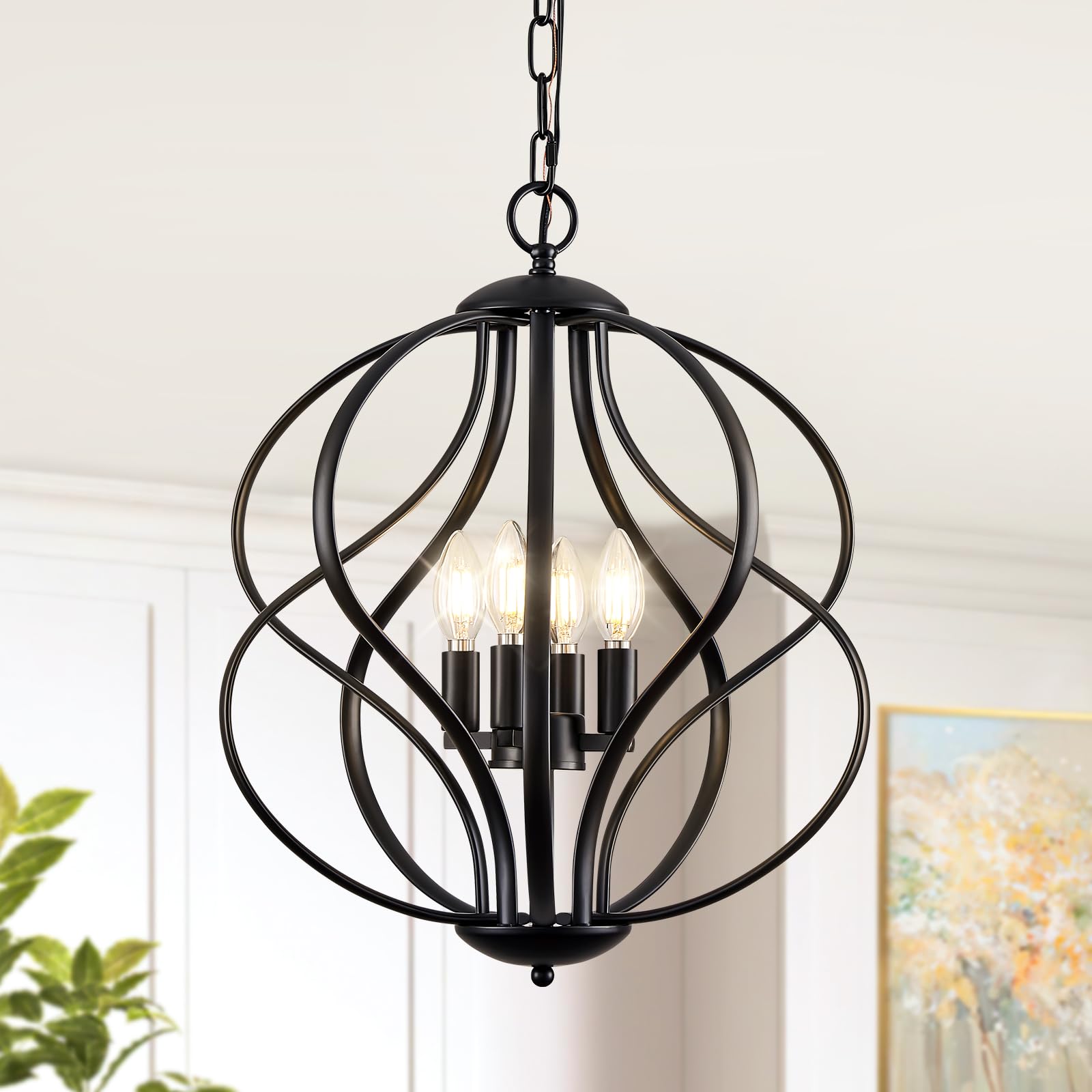 Modern Black Chandelier, 4 Lights Industrial Dining Room Chandeliers, Sphere Chandelier Large Pendant Light Fixtures Hanging for Kitchen, Entryway, Foyer, Stairs