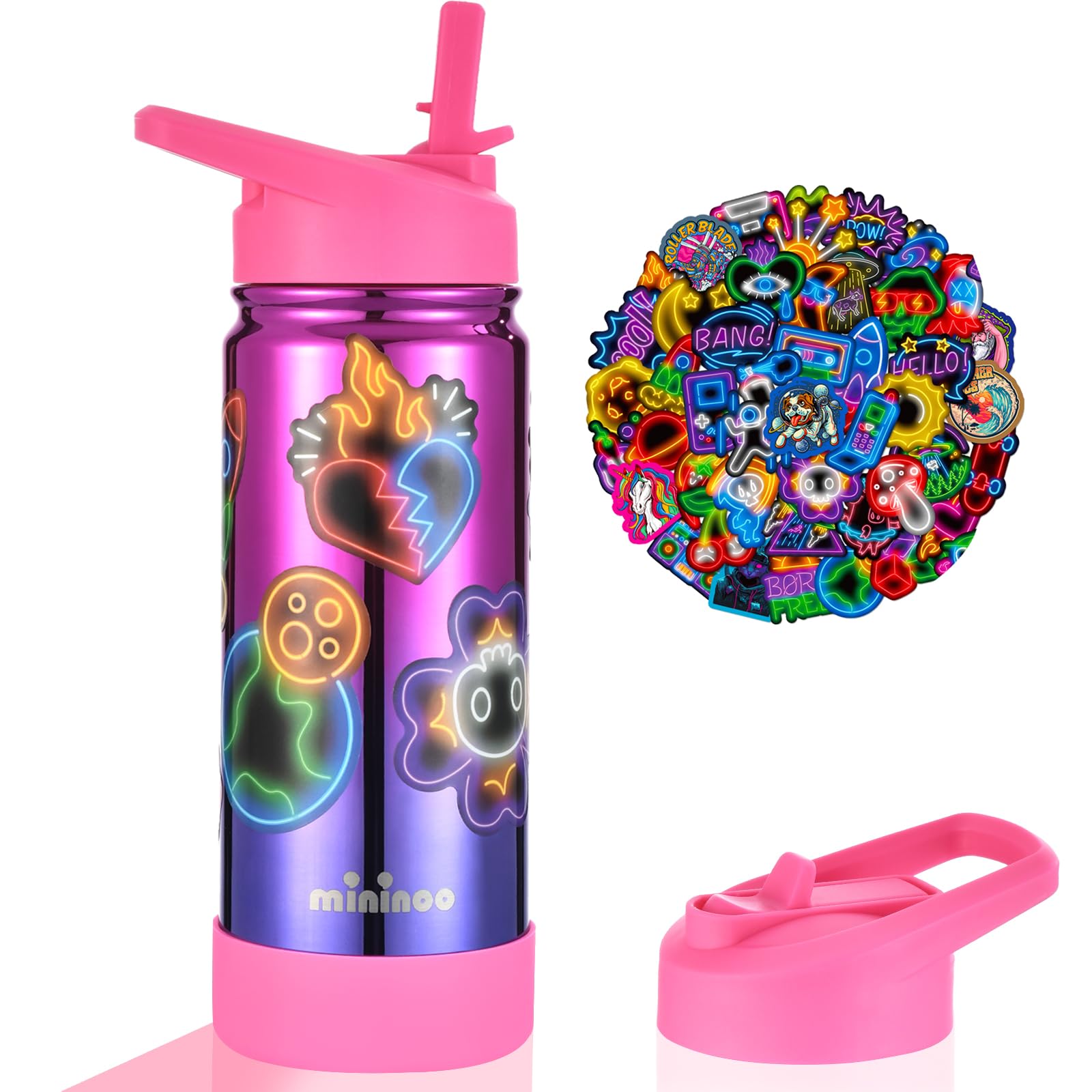 mininoo Kids Water Bottle Girls Water Bottles for School 16oz Stainless Steel Metal Water Bottle with Straw Lid