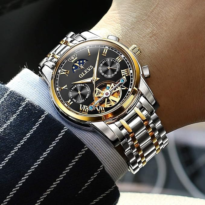 Waterproof Luminous Two Tone Watches Gifts Skeleton Mechanical Self Winding