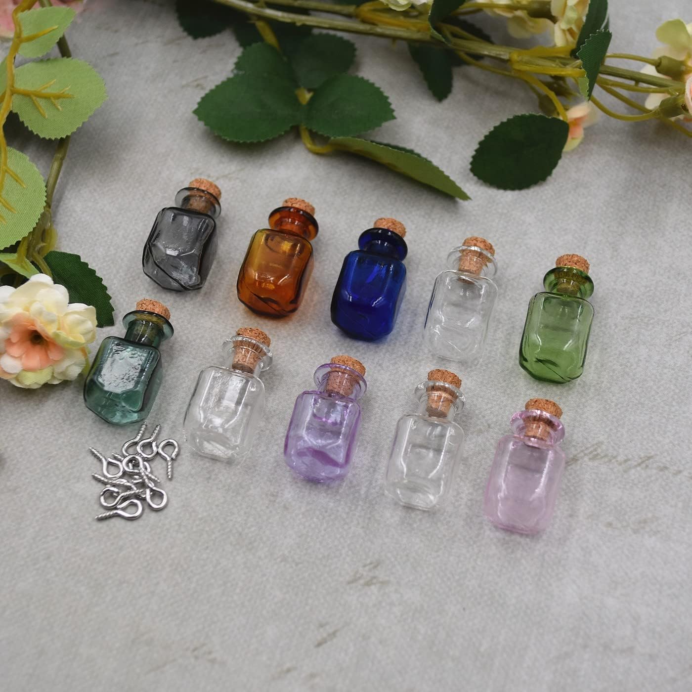 CoolDIY 10pcs Colored Tiny Glass Jars Mini Glass Bottles with Cork Stoppers Mini Square Glass Cork Bottles for Party Wedding DIY Decoration (Square)