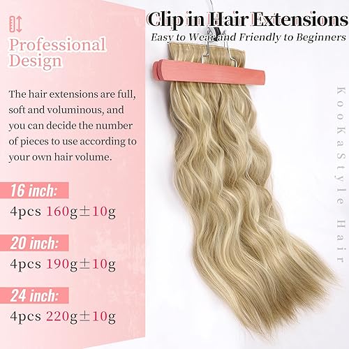 Miniatura 3 de KooKaStyle Extensiones de cabello rubio playa con clip, extensiones de cabello sintético largo ondulado y grueso, 4 piezas de 20 pulgadas para mujer