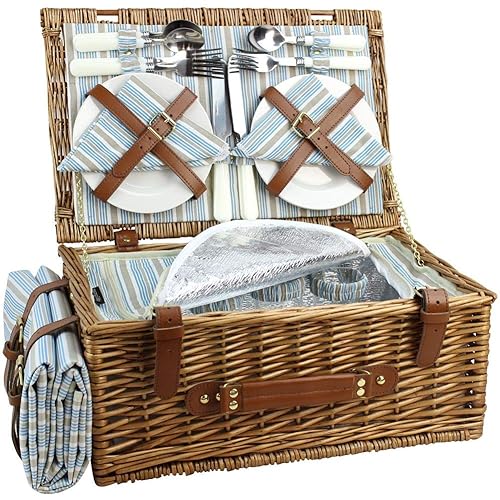 HappyPicnic Wicker Picnic Basket Set for 4 Persons | Large Willow Hamper with Large Insulated Cooler Compartment, Waterproof Blanket and Cutlery Service Kit-Classical Brown - Dark Honey Color for 4 Persons