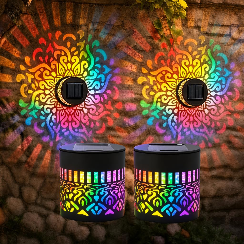 2 Pack Solar Wall Lights Outdoor, 7 Colour Changing Decorative Projection