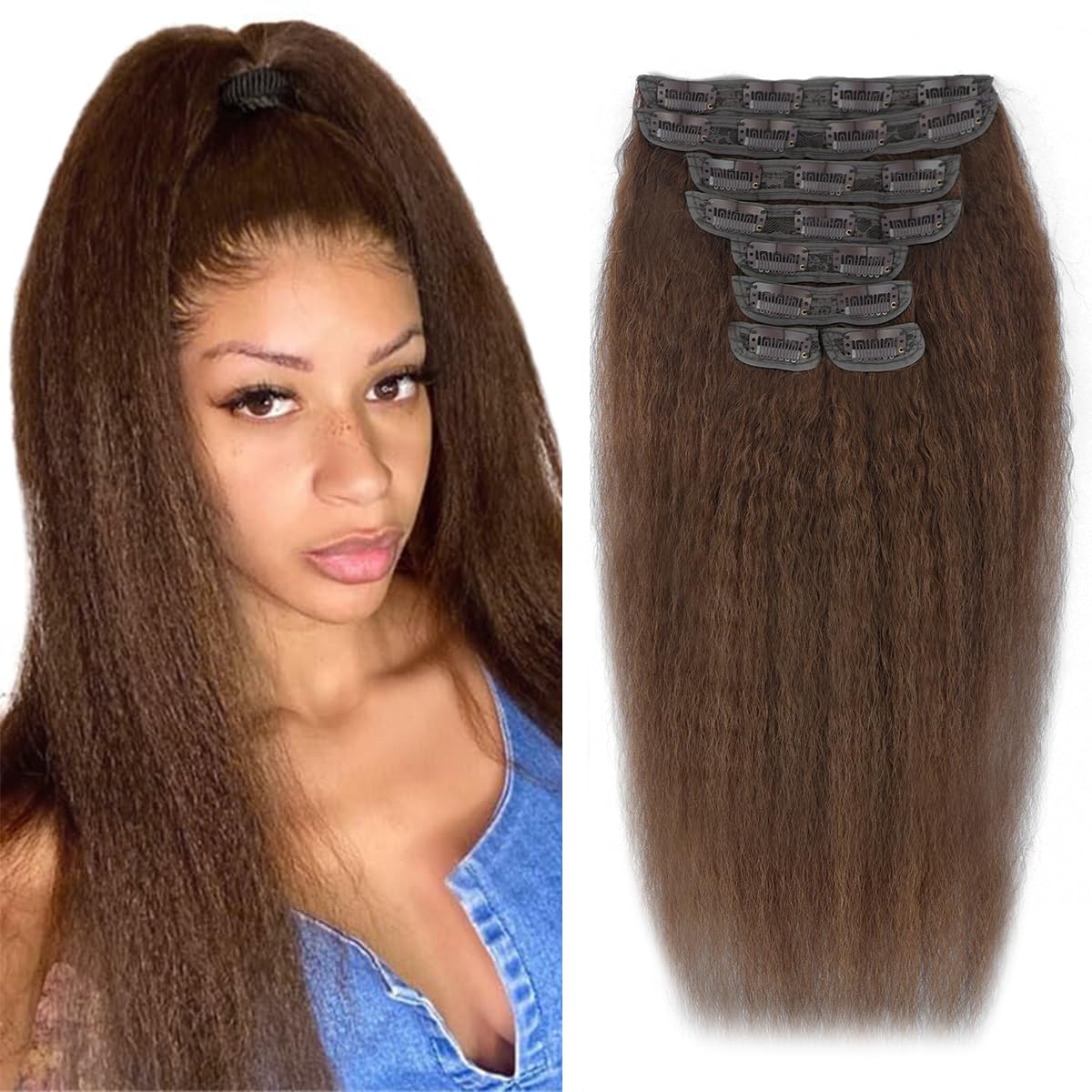 Amazon.com : Brown Kinky Straight Clip in Hair Extensions  display picture 3