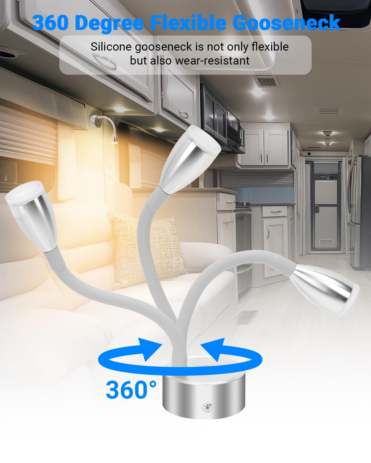 SUPAREE Lampara 12V LED Caravana Lámparas LED 12V Autocaravana Luces LED 12V Camper Cuello de Cisne con puerto USB C Interruptor tactil Regulable 3000K Acrílico 2Pcs