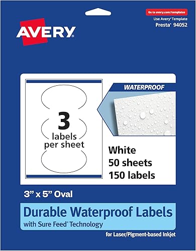 Avery Etiquetas ovaladas impermeables duraderas con alimentaciĂłn segura, 3 x 5 pulgadas, 150 etiquetas impermeables resistentes al aceite y al Avery Etiquetas ovaladas impermeables duraderas con alimentaciĂłn segura, 3 x 5 pulgadas, 150 etiquetas impermeables resistentes al aceite y al