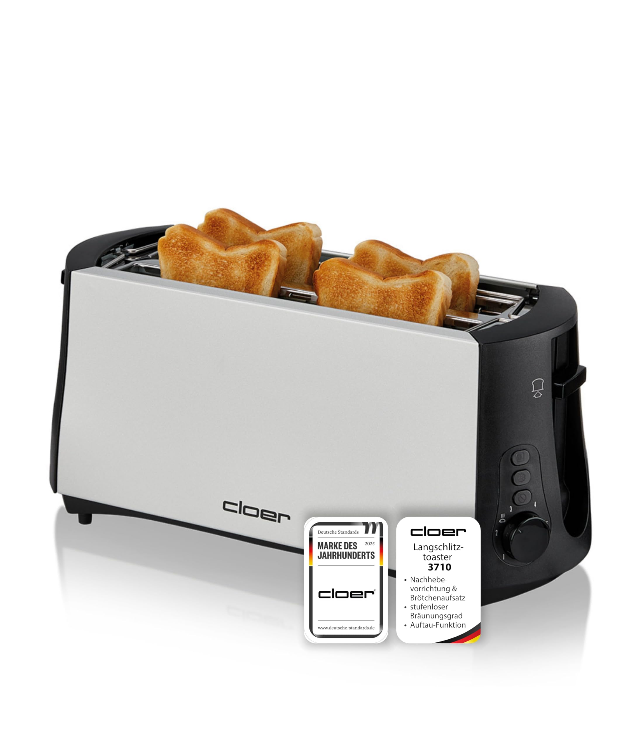 Cloer 3710 Langschlitztoaster für 4 Toastscheiben, 1380 W, integrierter Brötchenaufsatz, Nachhebevorrichtung, Krümelschublade, mattiertes wärmeisoliertes Metallgehäuse