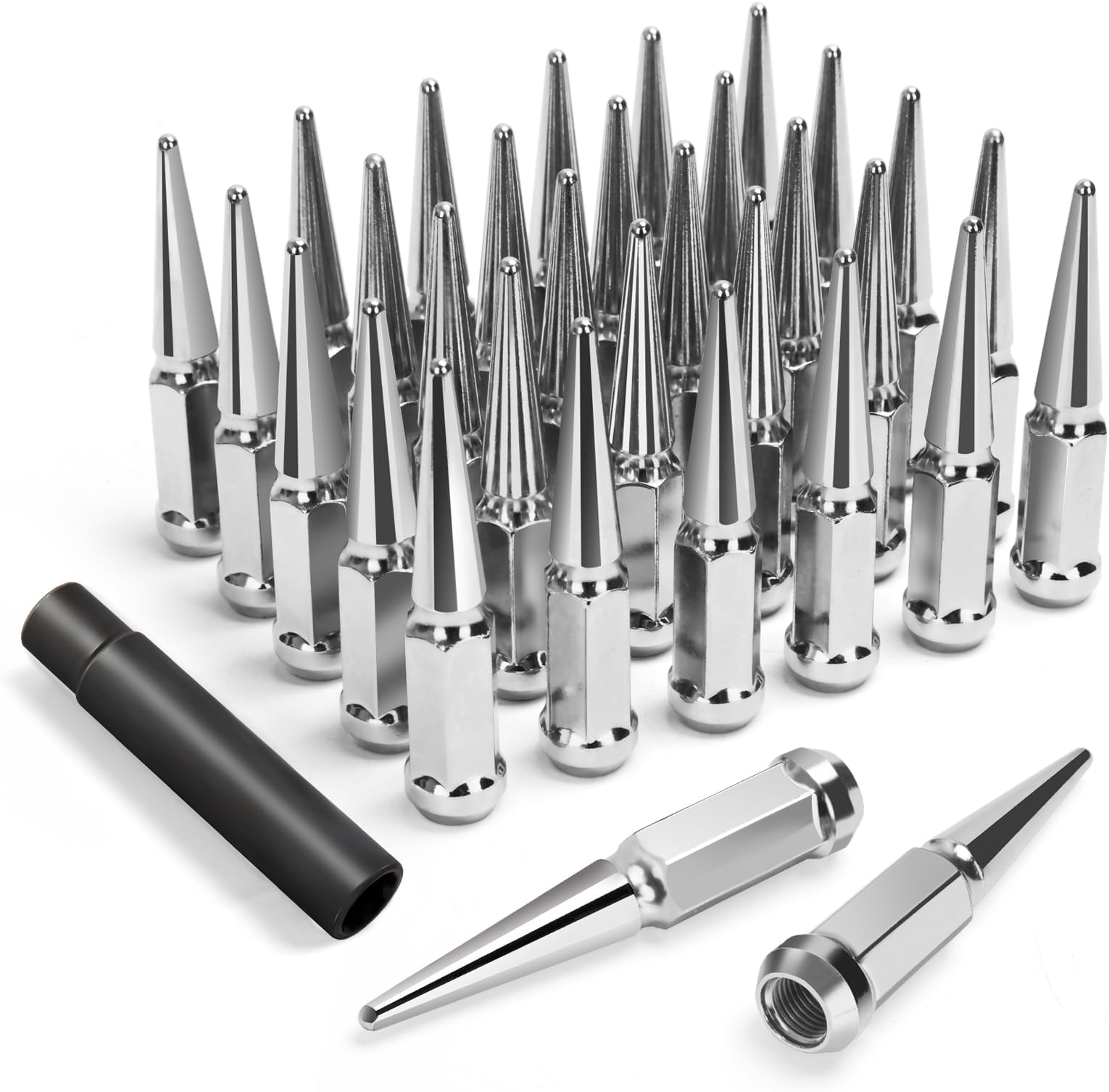 9/16-18 Spike Lug Nuts for 1994-2011 Dodge Ram 2500 3500, 2002-2010 Ram 1500, 1988-1997 Ford F250 F350, 2004-2009 Durango, 32PCS Spiked Lug Nuts 9/16-18 Chrome with Socket Key for Aftermarket Wheel