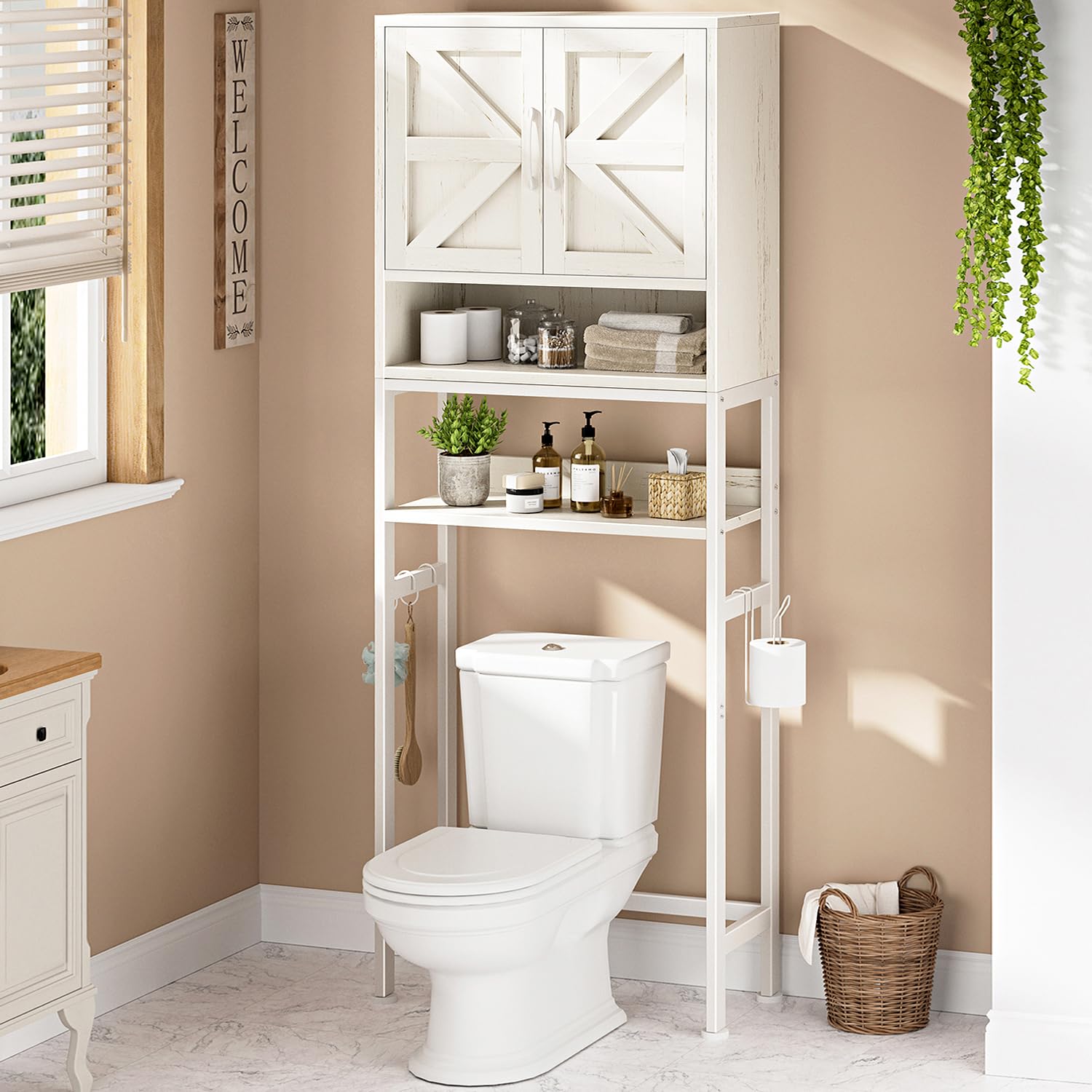 Over The Toilet Storage Cabinet - Farmhouse Bathroom Shelves with Doors Freestanding Organizer Narrow Floor Stand Shelf Above Toilet 71" Tall, Distressed White