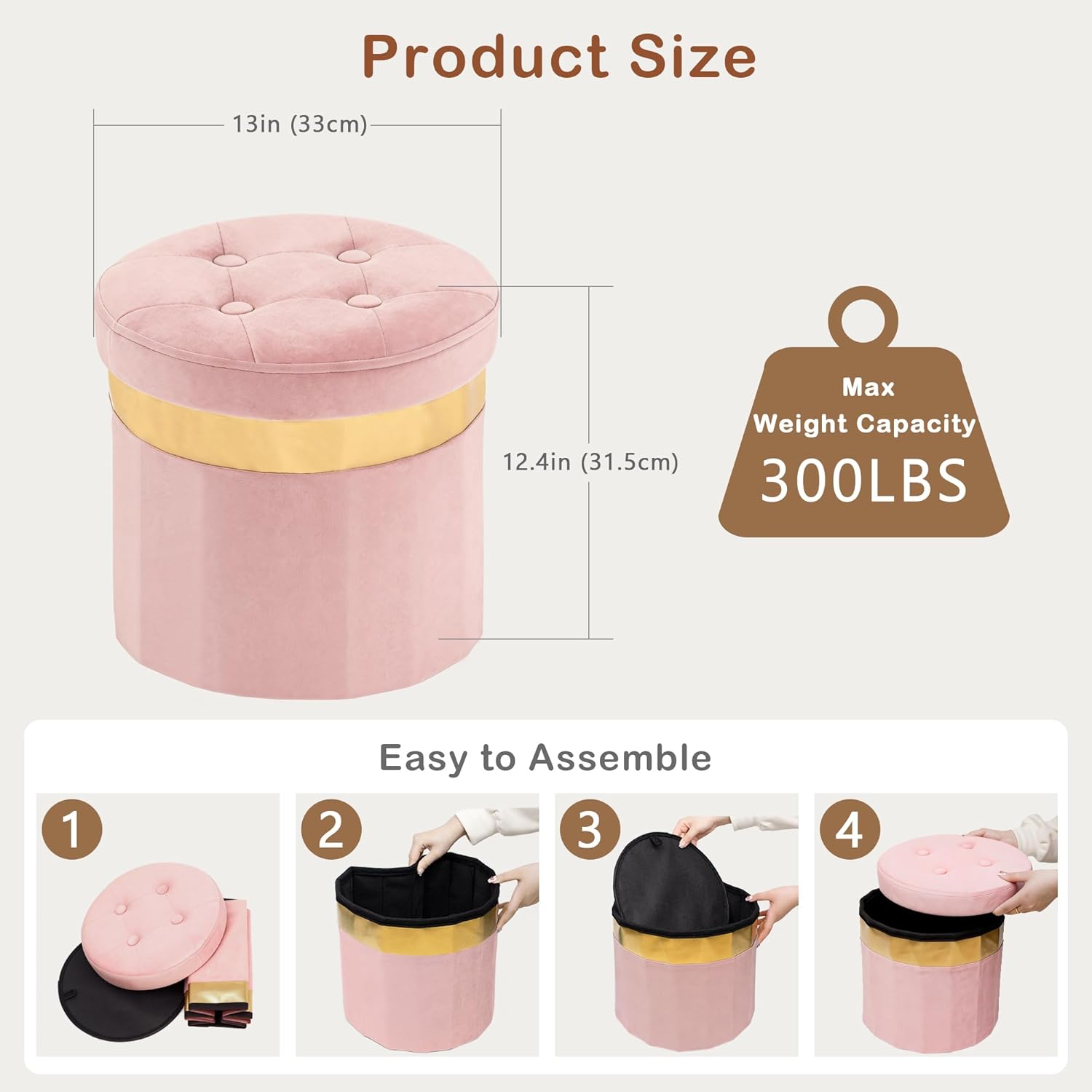 xuperbonus Small Ottoman with Storage,Folding Round Ottoman with Gold Trim,Velvet Storage Stool,Foot Stool with Soft Padded,Foot Rest for Living Room13“x13”x12.4(Pink,1pcs)