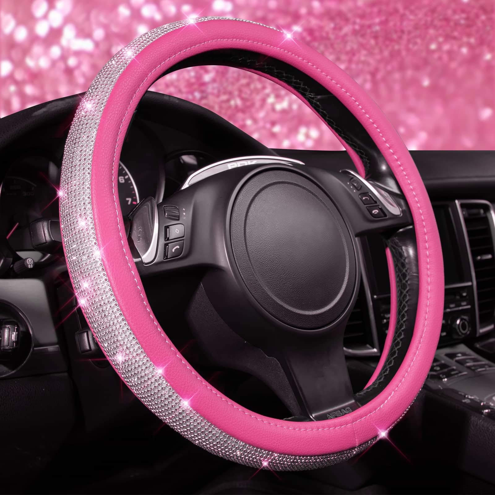CAR PASS Diamond Pink Leather Steering Wheel Cover, with Bling Crystal Rhinestones Universal Fit 14" 1/2-15" Crystal Glitter for Women Sparkle Girl Fit Suvs,Vans,Sedans,Cars,Trucks, Pink Diamond
