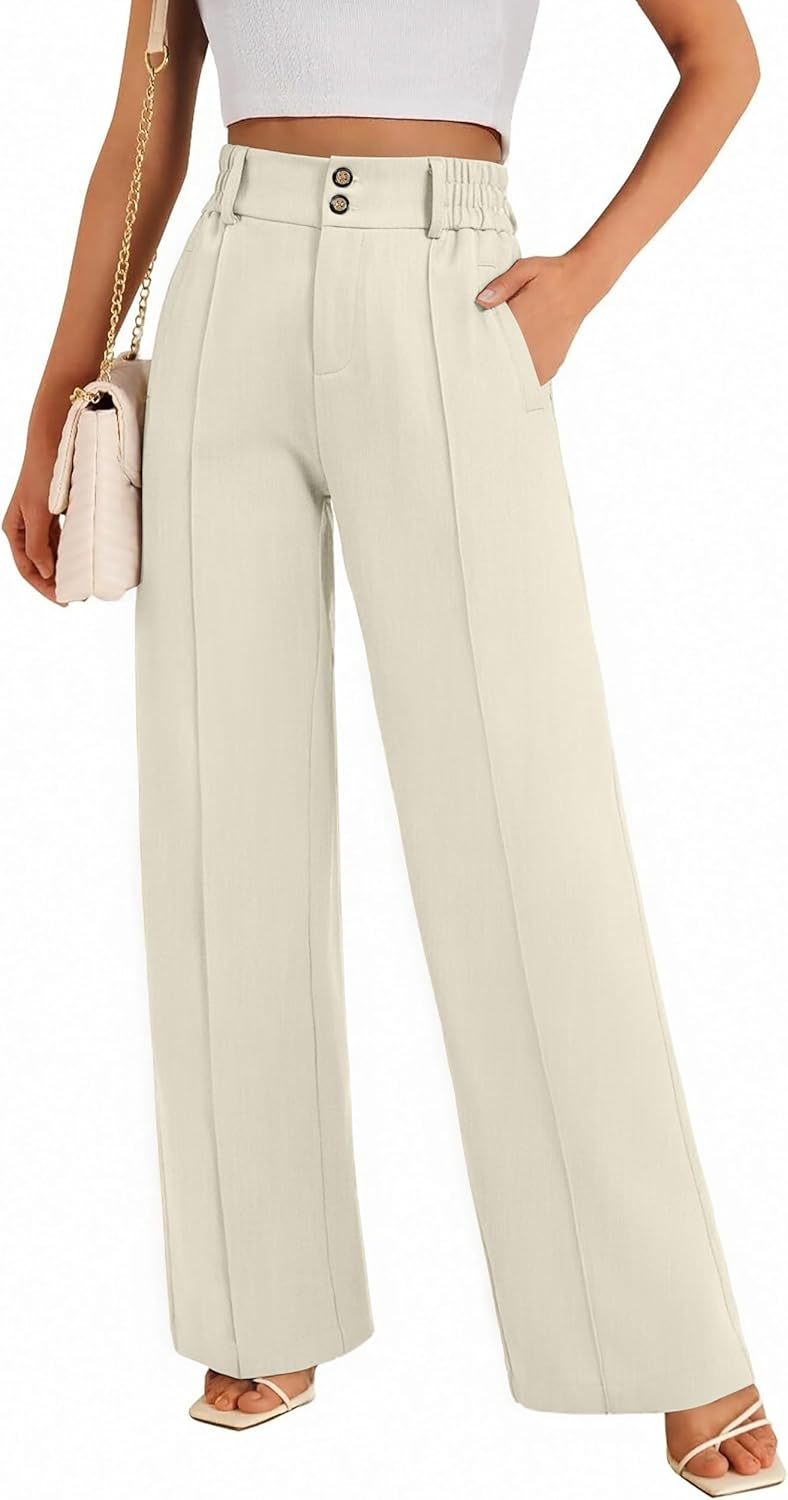 FUNYYZO Wide Casual Pants Women's High Elastic Waisted Business Work Trousers Long Straight Suit Pants