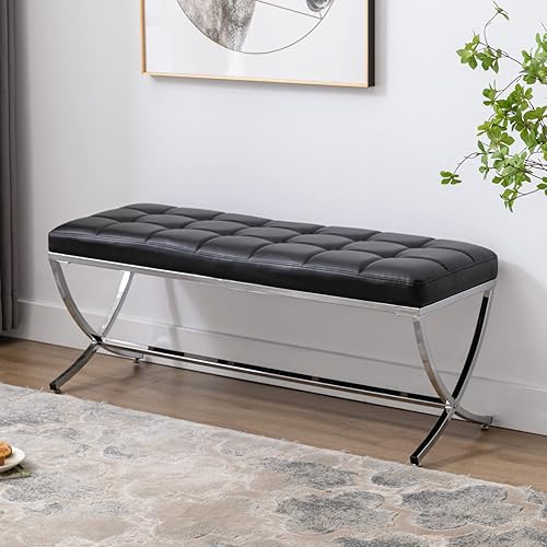 Miniatura 21 de LukeAlon Moderno banco de comedor de piel sintética, banco otomano con botones copetudos con acabado cromado en forma de X, banco tapizado para el
