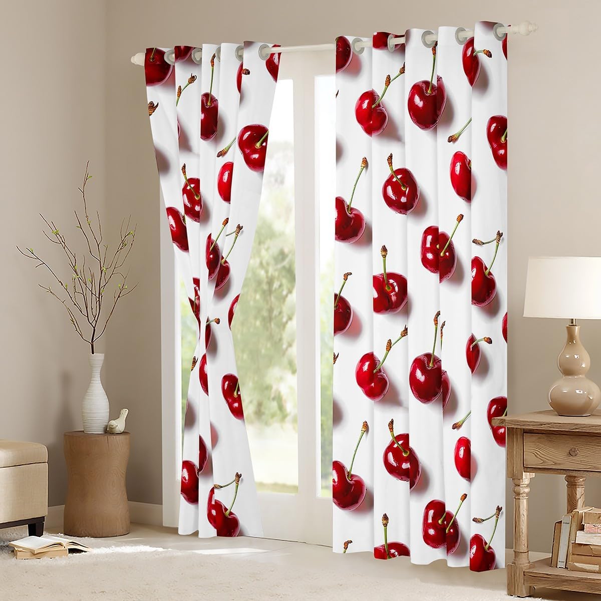 jejeloiu Cute Cherry Blackout Curtains Fresh Fruit Prints Drapes for Bedroom Living Room Decor 3D Red Cherry Thermal Insulated Shades Gifts for Boys Girls,2 Panels 38 x 45 Inch Summer Fruits