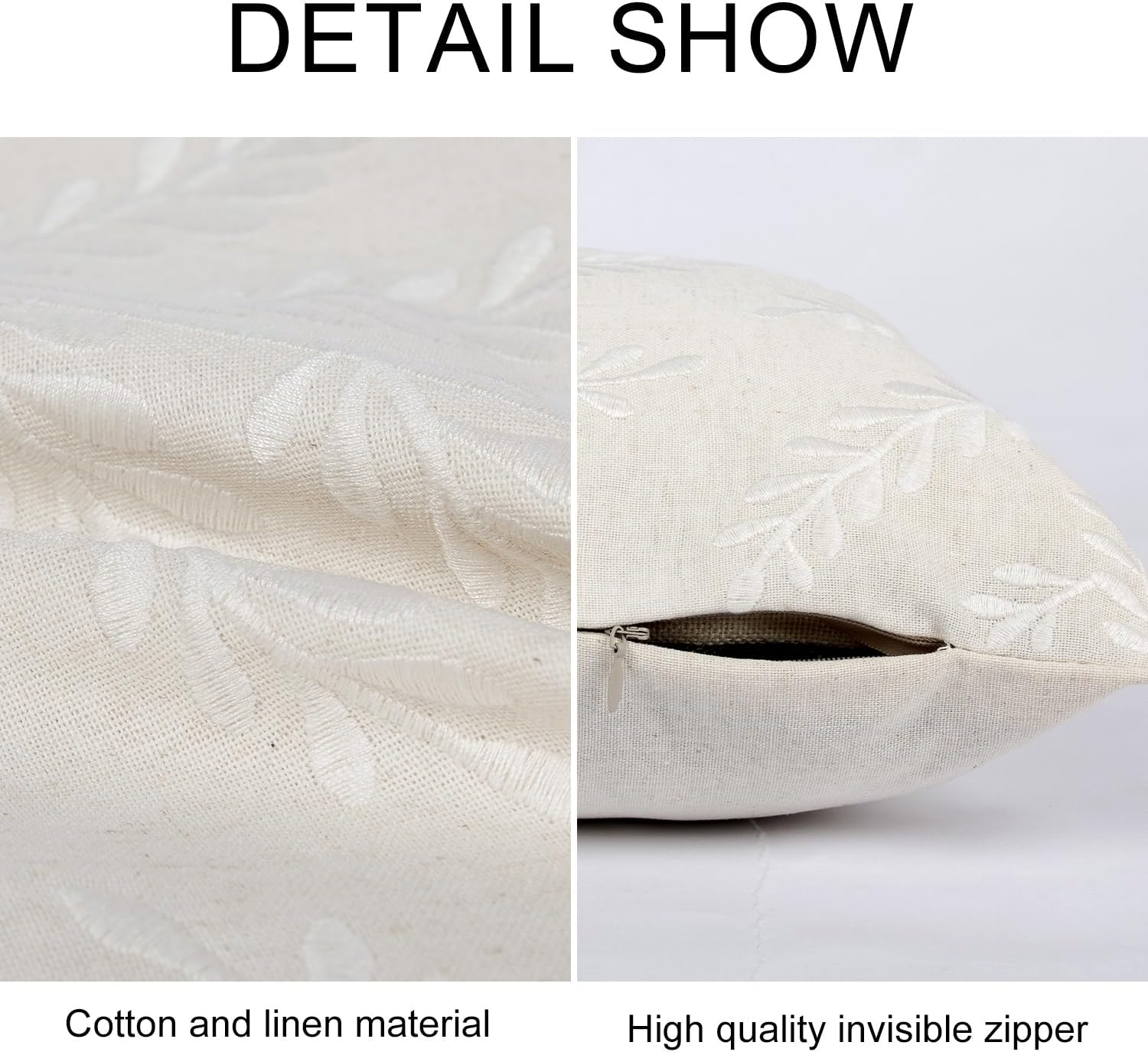 Embroidered Throw Pillow Cover 12x 20, Classical Boho Leaves Natural Linen Pillow Cushion Case, Farmhouse Home Decor for Outdoor Couch Bedroom Car White