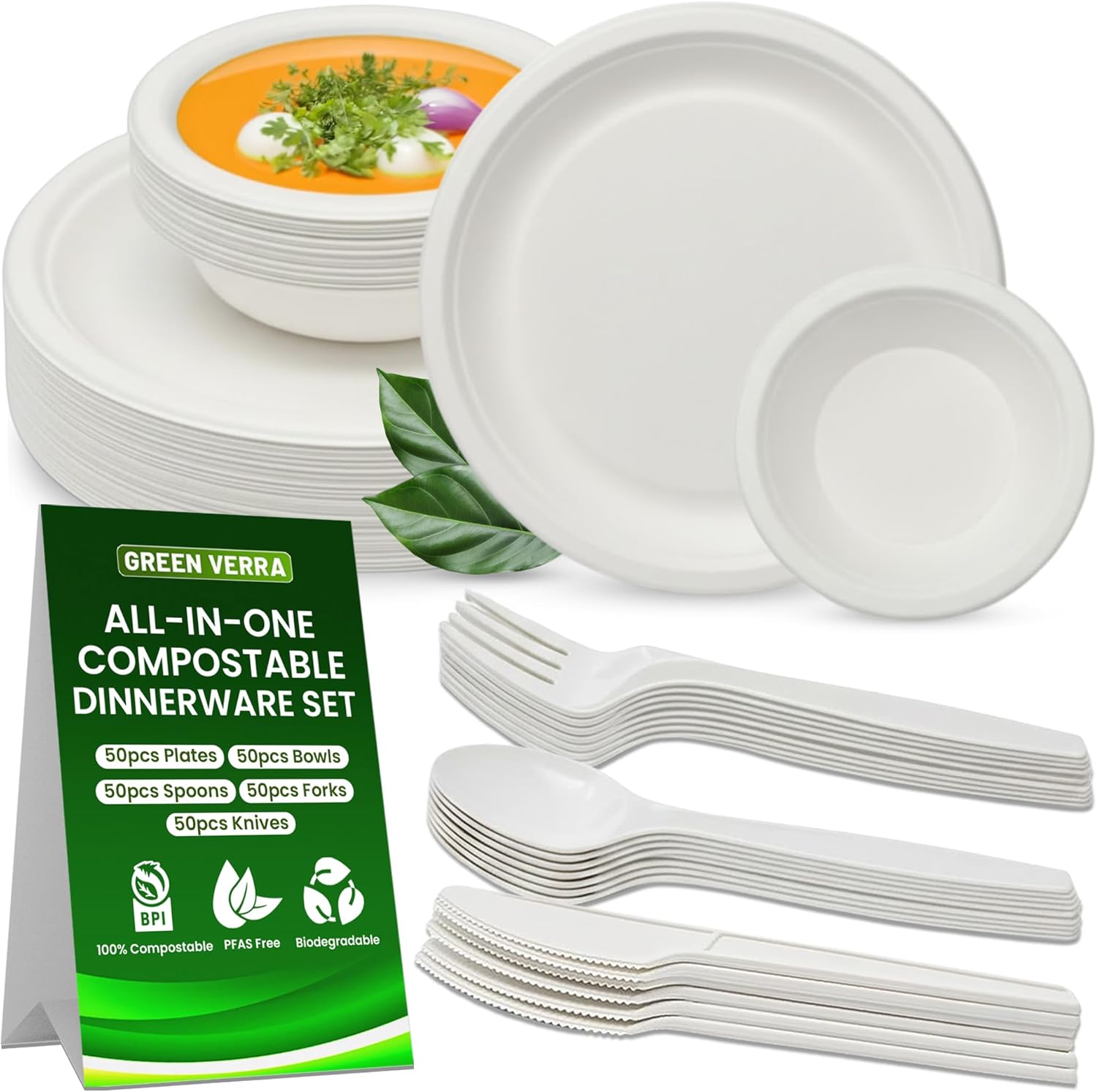 250 PCS Eco-Friendly Compostable Plates, Bowls, Forks, Knives and Spoons Set, 50 Sets of Each– 100% Biodegradable Set for Parties, Events, Camping & Everyday Use, BPI Certified & PFAS free