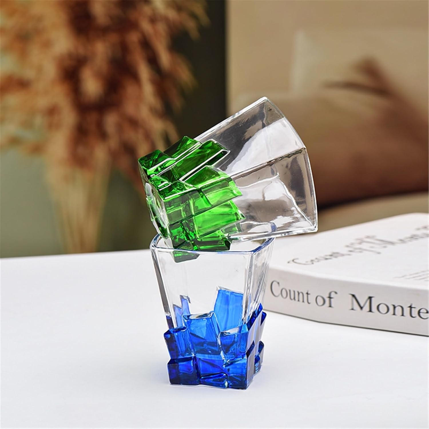 Glass Cups 8.5Oz Colorful Drinking Glasses, Hand Painted Square Bottom Cup Whiskey for Juice(Green)