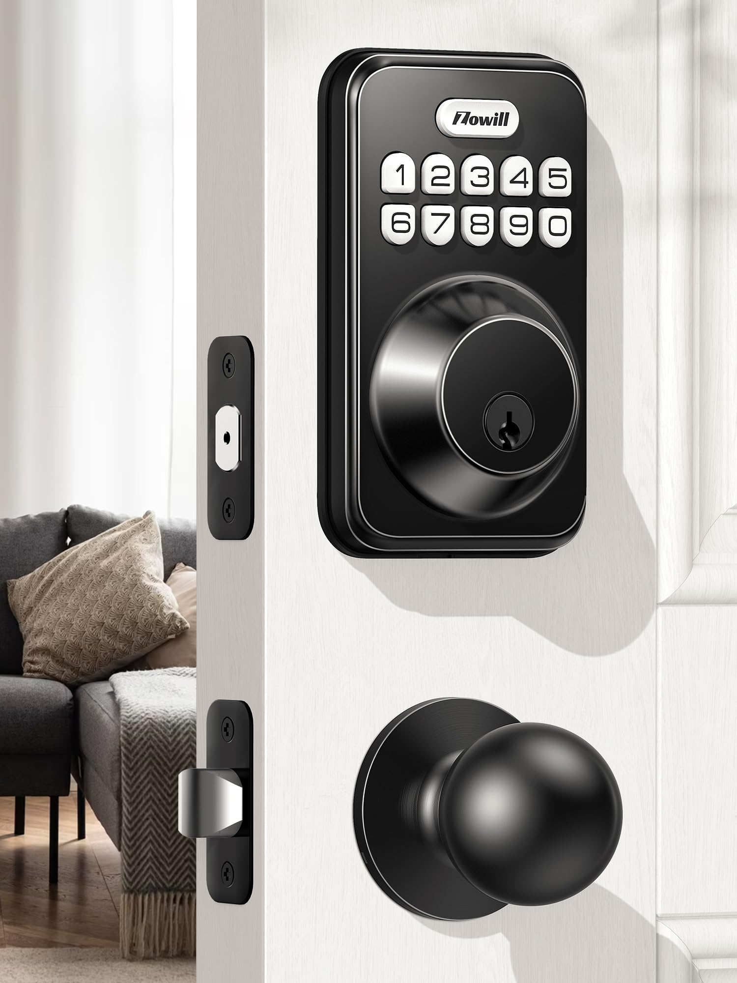 Zowill DK01K Keypad Door Lock with Handle, Matte Black, Keyless Entry, Auto-Lock, One-Touch Lock, 20 User Codes, IP54 Waterproof