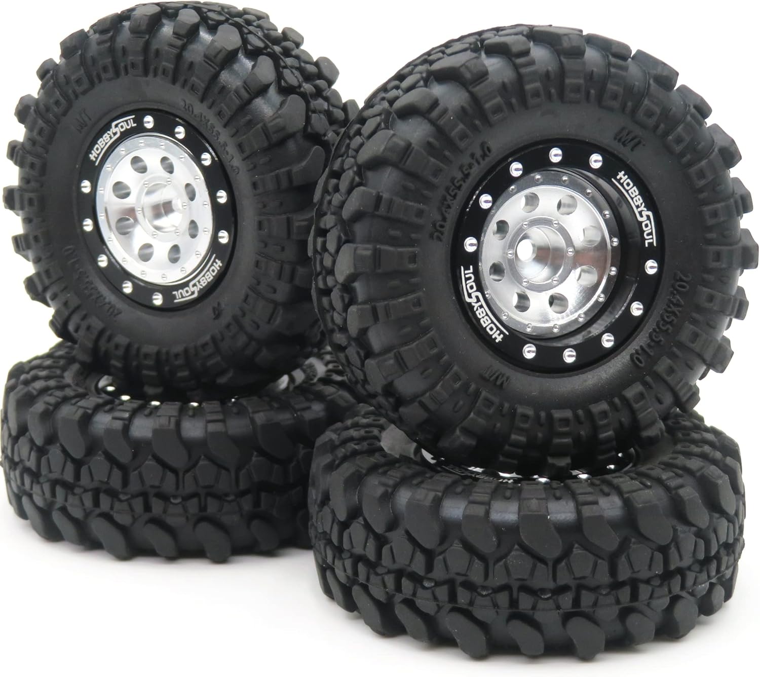 HOBBYSOUL RC 1.0 Beadlock Wheels and Tires, 1/24 Tires & Heavy Adjustable Offset 1.0 Wheels Black Silver for 1/24 RC Crawler Car Truck Axial SCX24 Upgrade, (4-Pack, Assembled)