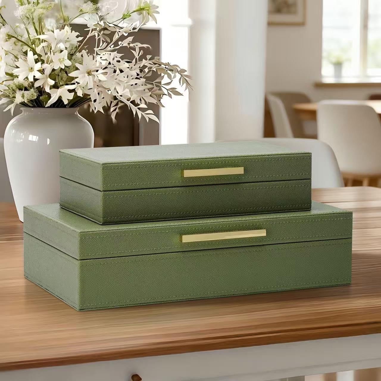 Decorative Storage Boxes with Lids, Set of 2 PU Leather Memory Box for Keepsakes, Beautiful Large Decorative Box for Home Decor – Safely Store Jewelry, Documents & Photos (Sage)