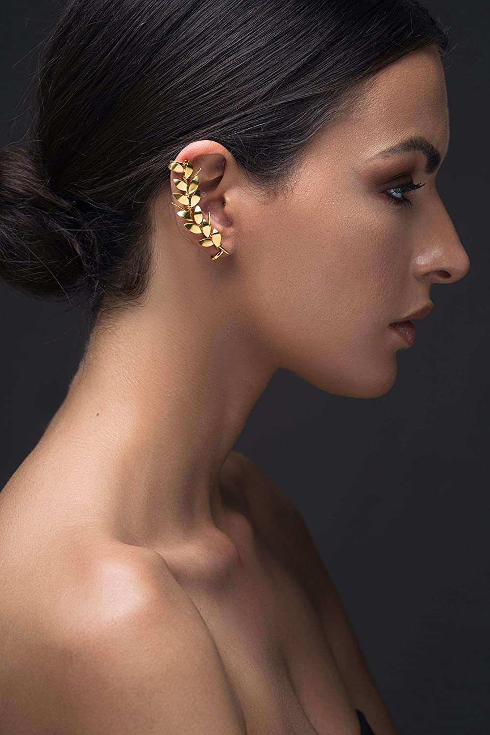 Olivenblatt Ear Cuff Ohrring ohne Ohrloch - 24K Vergoldet 925 Silber - Griechische Göttin Style - Nickelfrei Hypoallergen - Einzelner Rechts - Handmade by Emmanuela