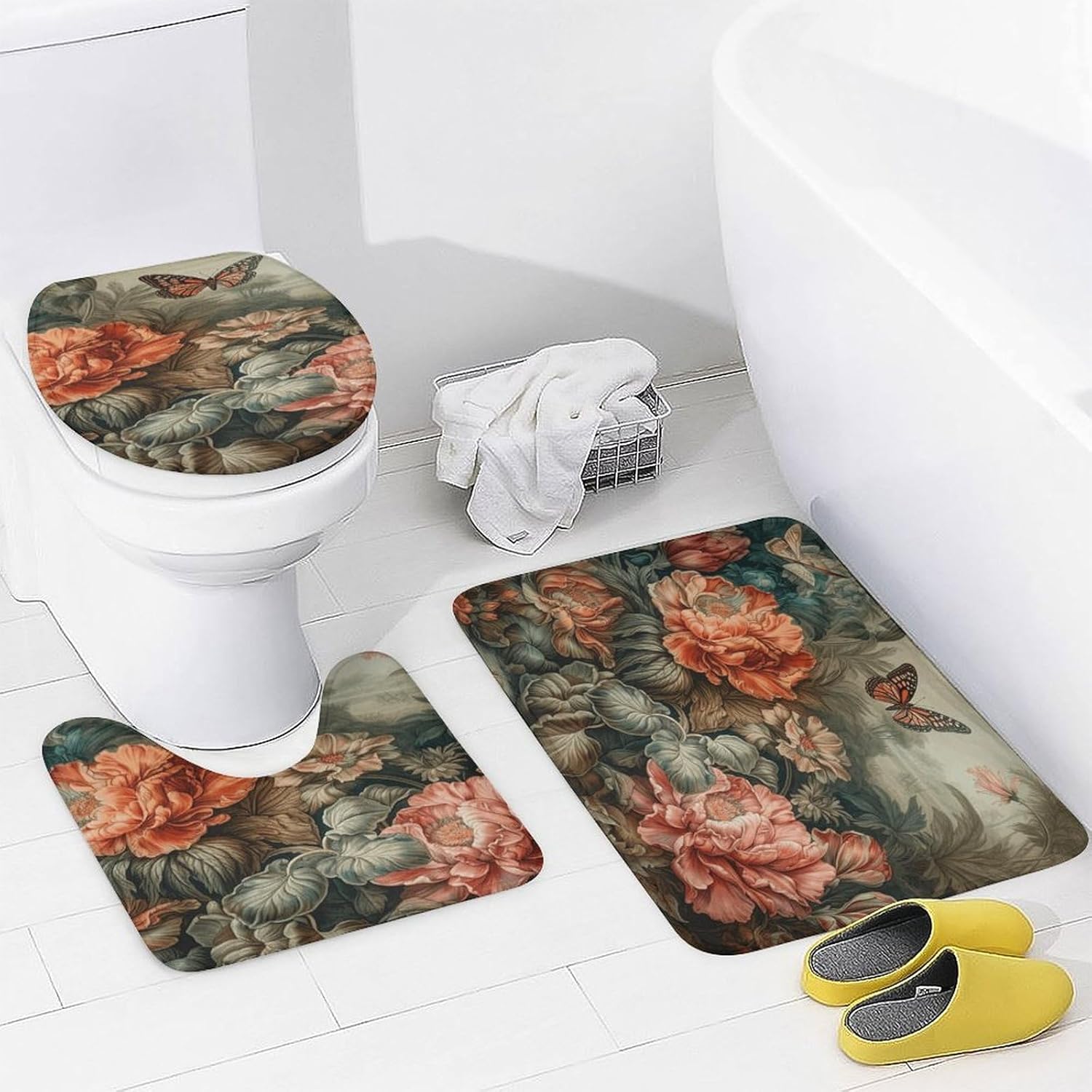 Flowering Plant 4Pcs Shower Curtain Set with Non-Slip Rugs, Toilet Lid Cover and Bath Mat,Bathroom Set Decor Accessories,Curtain Set with 12 Hooks, 72 X 72 Inch