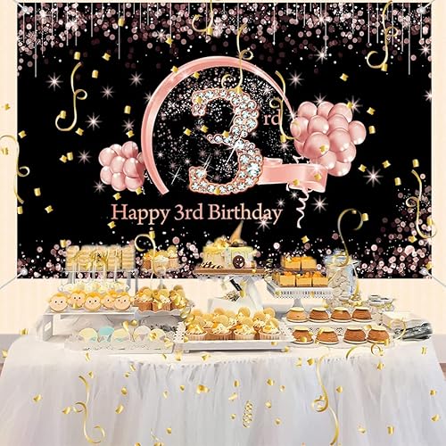 Miniatura 6 de Cartel de tela para decoración de cumpleaños de 3 años para niñas de 3 años, cartel de tela para cumpleaños de niña, fondo fotográfico negro y rosa,