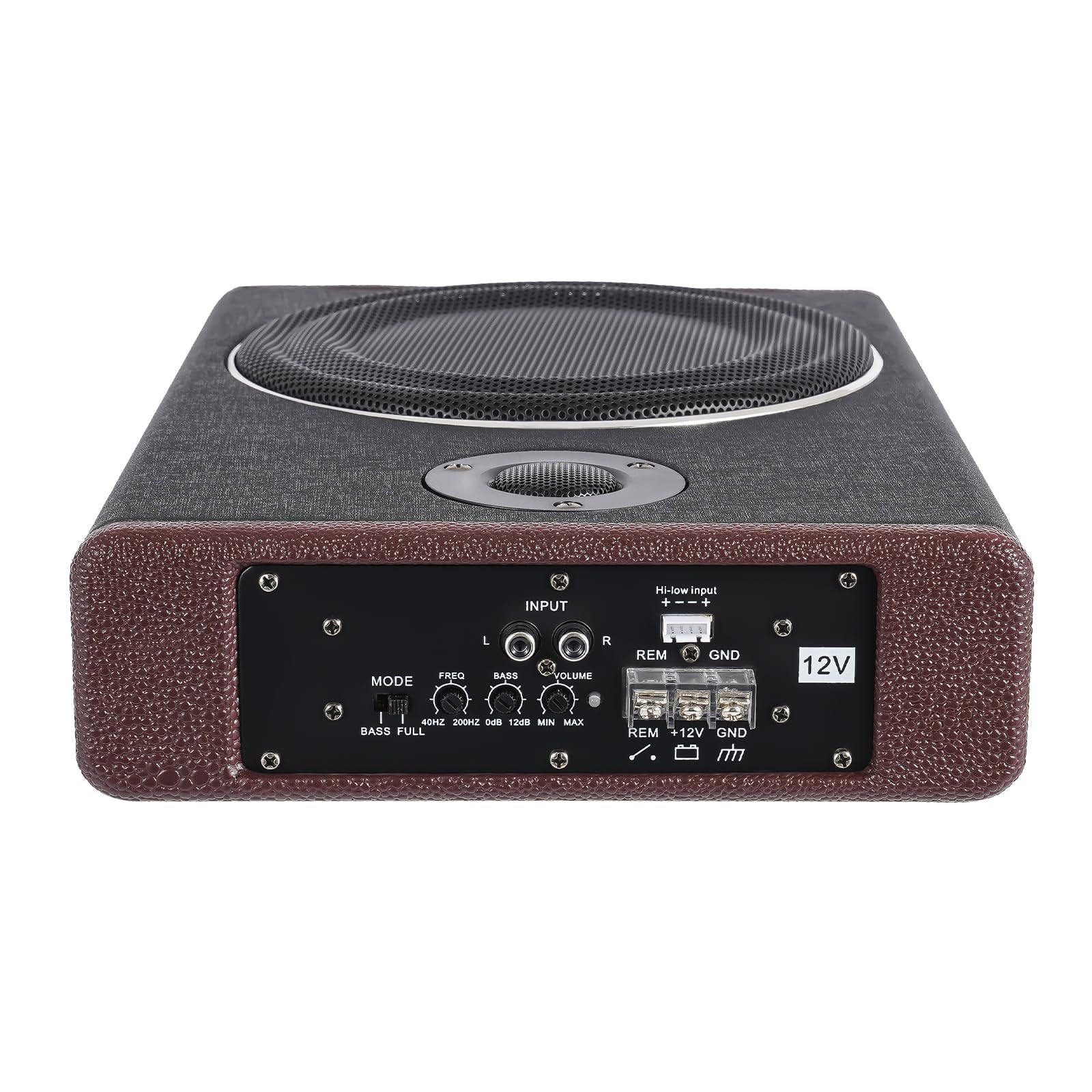 20,3 cm Subwoofer attivo per auto 600W di picco | Corpo in acciaio inossidabile con finitura lucida | Design sotto il sedile del passeggero | Telecomando e bass boost regolabile (0-12dB) |