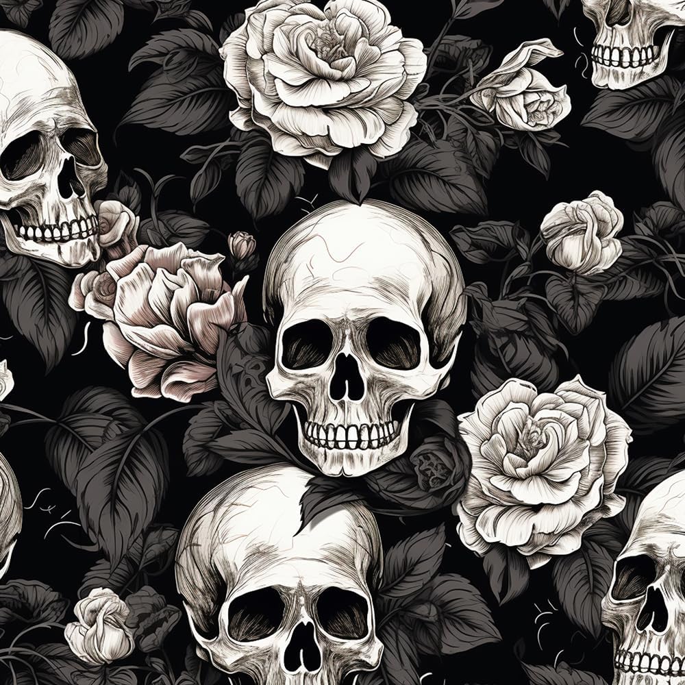 18"x236" Black White Gothic Skull Flower Peel and Stick Self Adhesive Wallpaper Removable Contact Paper Stick on Easy Peel Off Wall Paper for Kitchen Bedroom Bathroom Renter